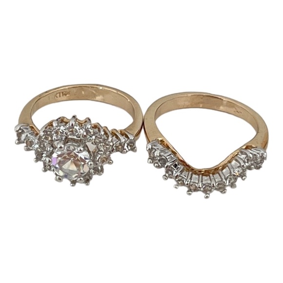 Vintage Wedding Ring Set Cubic Zirconia 14K Yellow Gold Electroplate Bridal Set - Picture 2 of 5